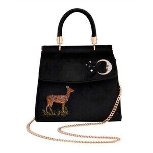 Fable Deer & Moon Embroidered Black Velvet Tote Chain Strap Top Handle NWT